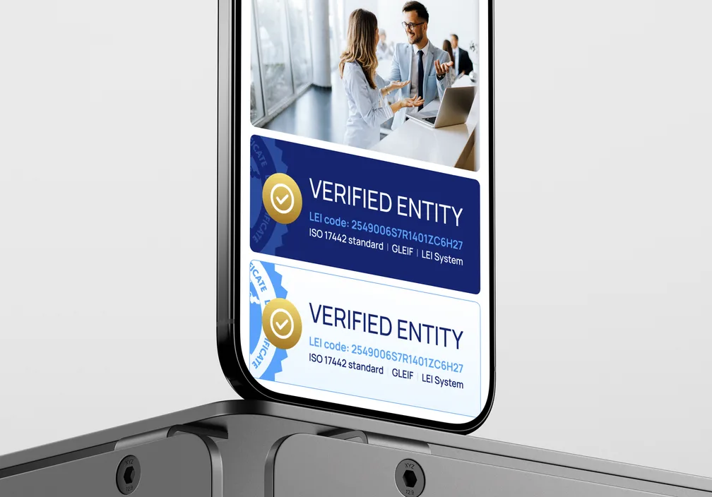 Badge di verifica LEI mostrati su uno smartphone