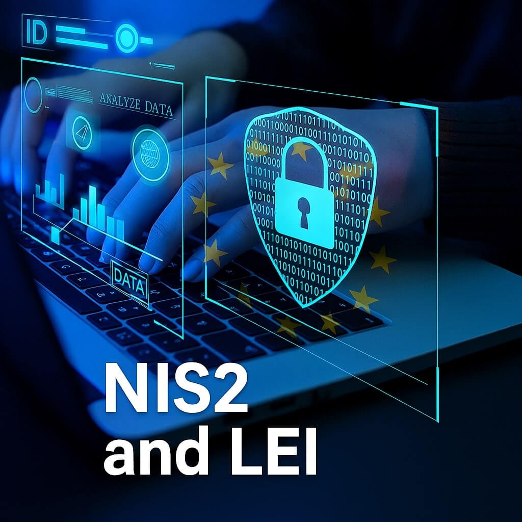 Mani che digitano su un laptop con lucchetto digitale e grafica della bandiera dell'UE, a simboleggiare la Direttiva NIS2 e la conformità al codice LEI.