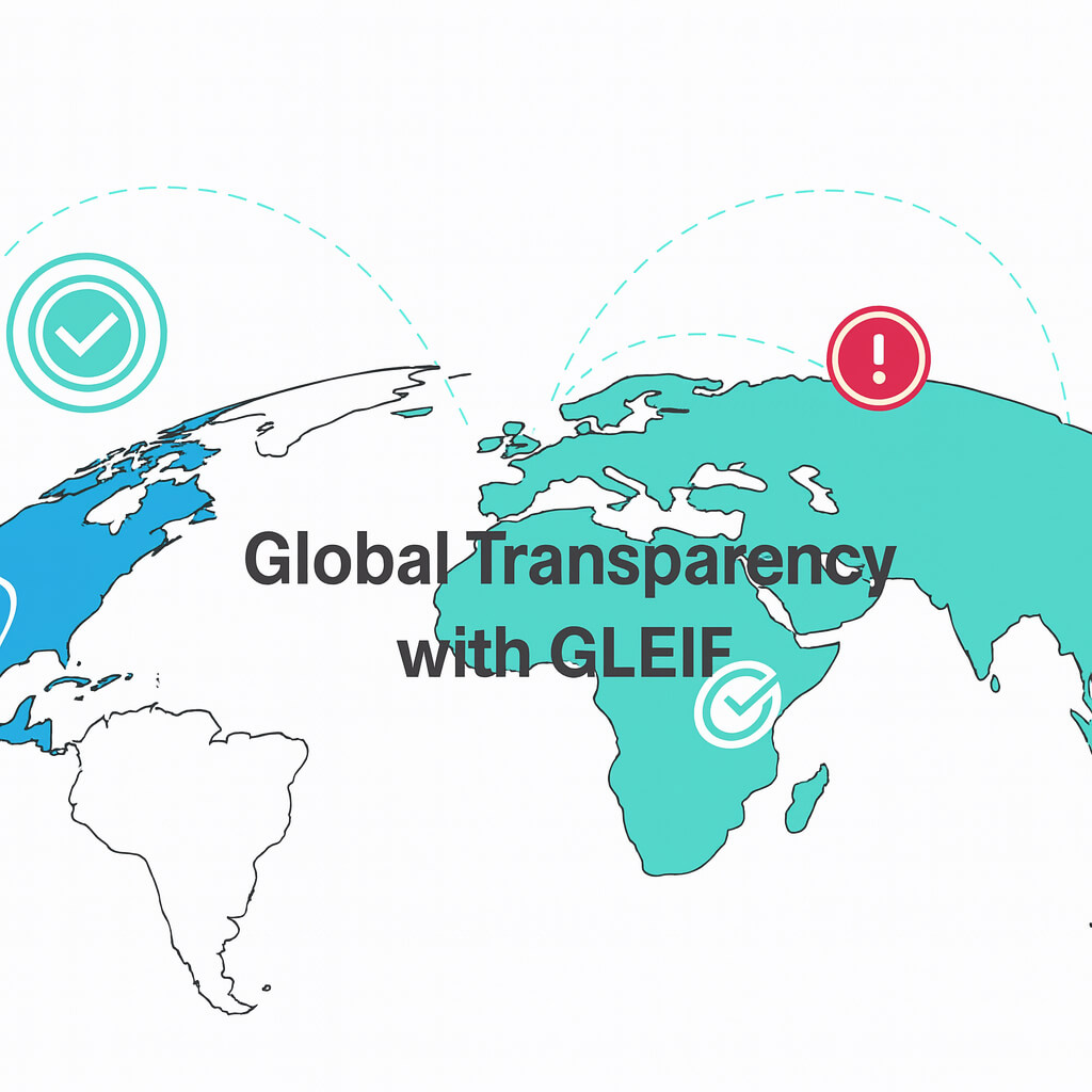 Illustrazione della mappa del mondo che mostra le connessioni globali e il testo “Trasparenza globale con GLEIF”, a simboleggiare la trasparenza finanziaria e l'identificazione affidabile delle entità.