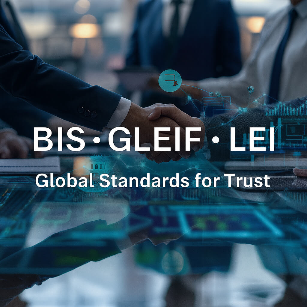 Stretta di mano con rete digitale in sovrimpressione e testo BIS • GLEIF • LEI – Standard Globali per la Fiducia