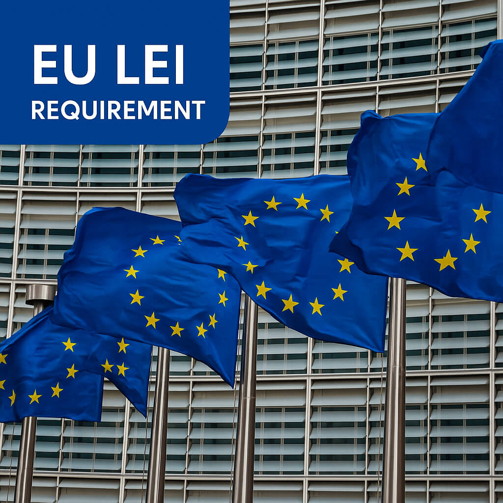 Obbligo LEI nell'UE – bandiere dell'Unione Europea davanti all'edificio della Commissione, che simboleggiano gli obblighi del Legal Entity Identifier nell'UE