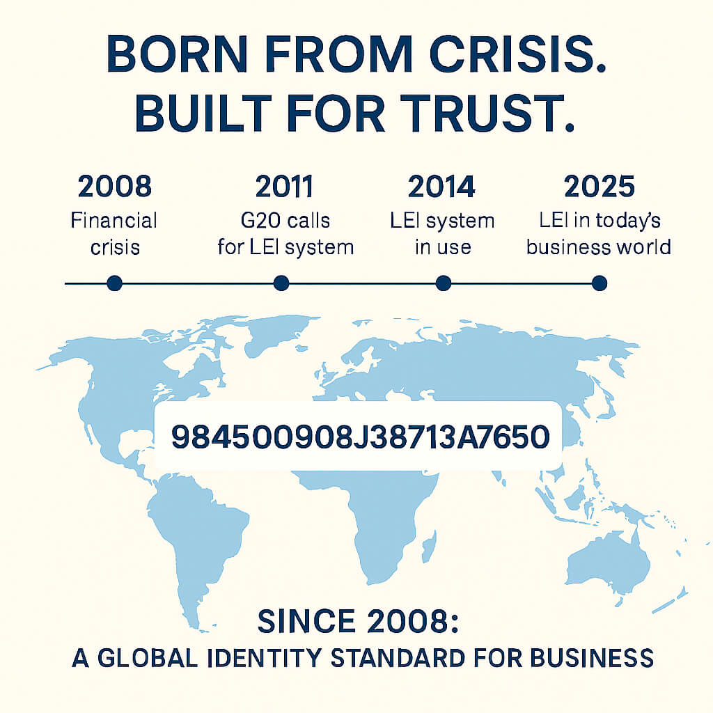 Cronologia della storia del LEI – dalla crisi finanziaria del 2008 ad oggi, mostrando il Legal Entity Identifier come standard di identità globale per le aziende
