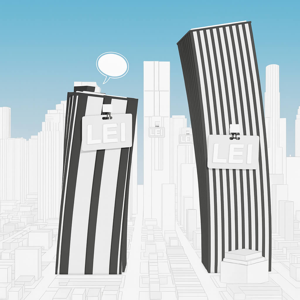 Illustrazione di edifici aziendali con badge LEI, a simboleggiare l'uso del Legal Entity Identifier nel settore aziendale