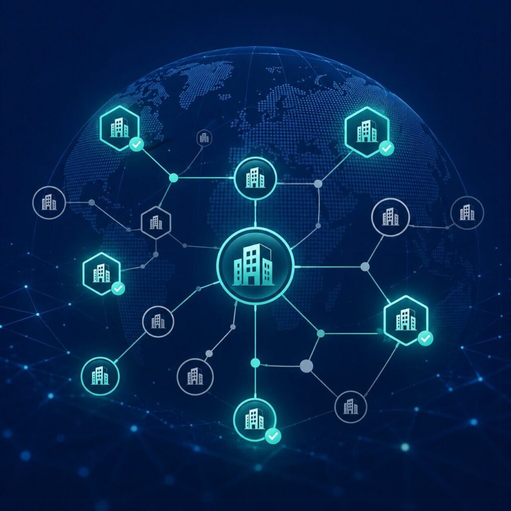 Rete globale di entità giuridiche verificate e non verificate che illustra il processo KYB utilizzando i codici LEI